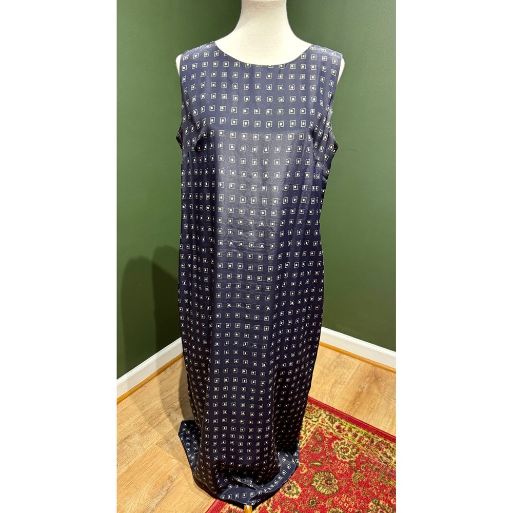 Vtg Leslie Fay Designs Navy Blue Geometric Print Sleeveless Maxi Dress Size 14